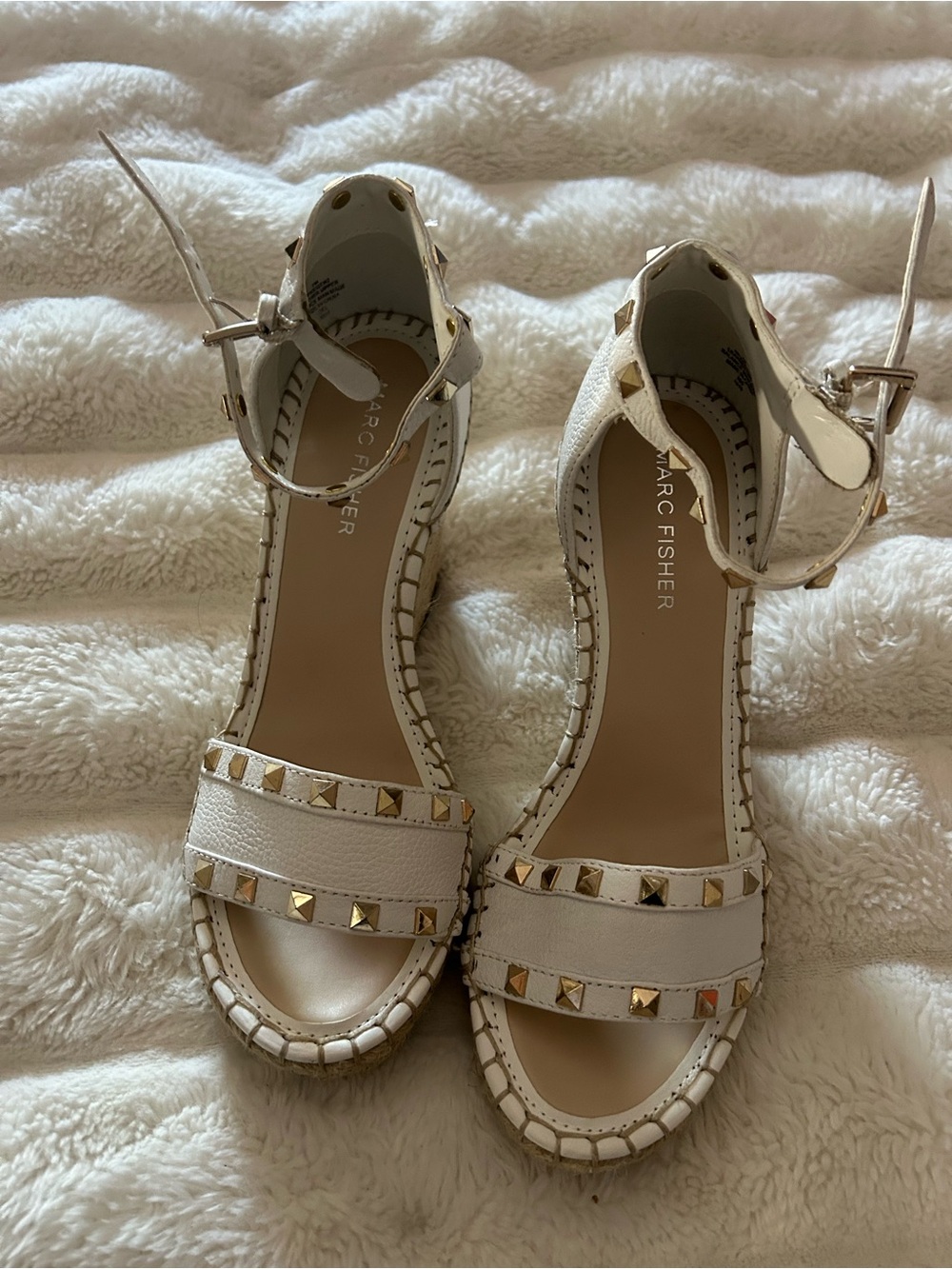Marc Fisher White Studded Espadrille Wedge Sandals